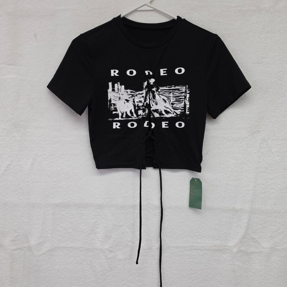 *NWT* Remidoo Black Rodeo Graphic Lace Up Front Crop Top Short Sleeve Small